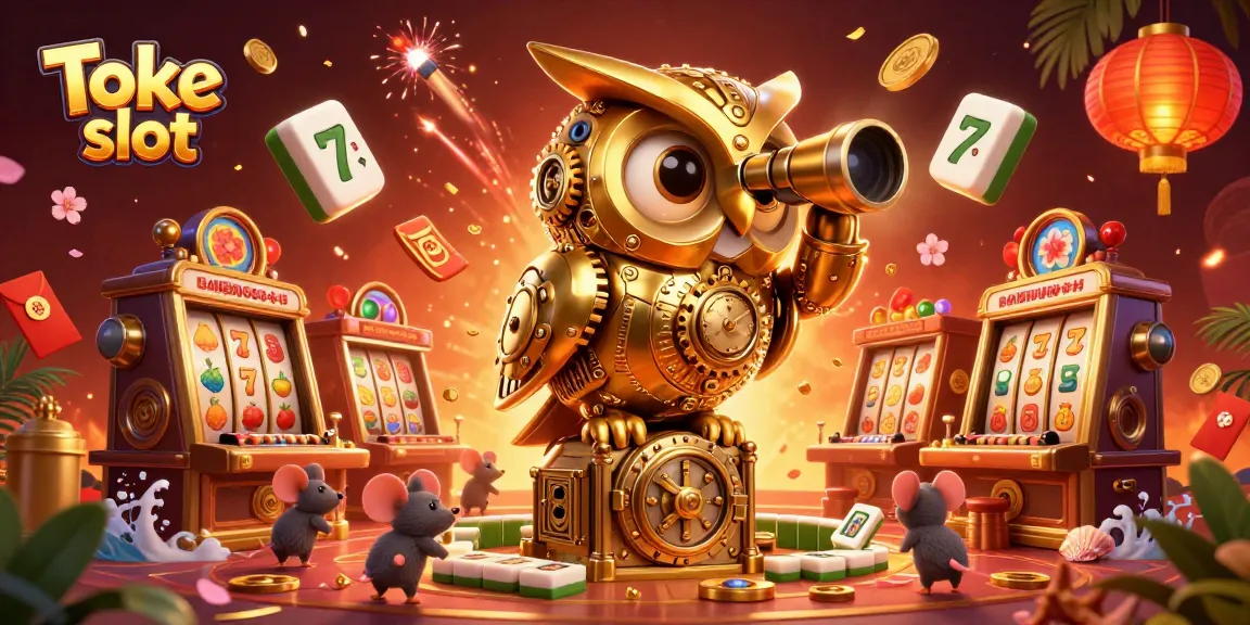 Engage with Toke slot in a lively casino scene featuring a 3D golden owl, slot machines, and festive decorations.