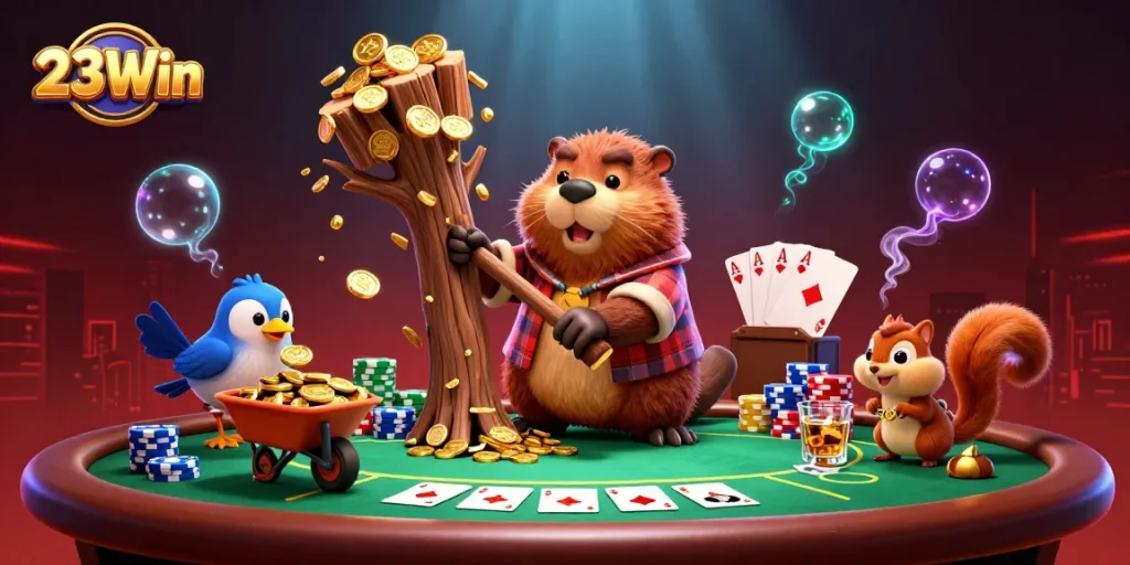 Join the fun at 23Win with golden coins raining down in this lively gambling scene!