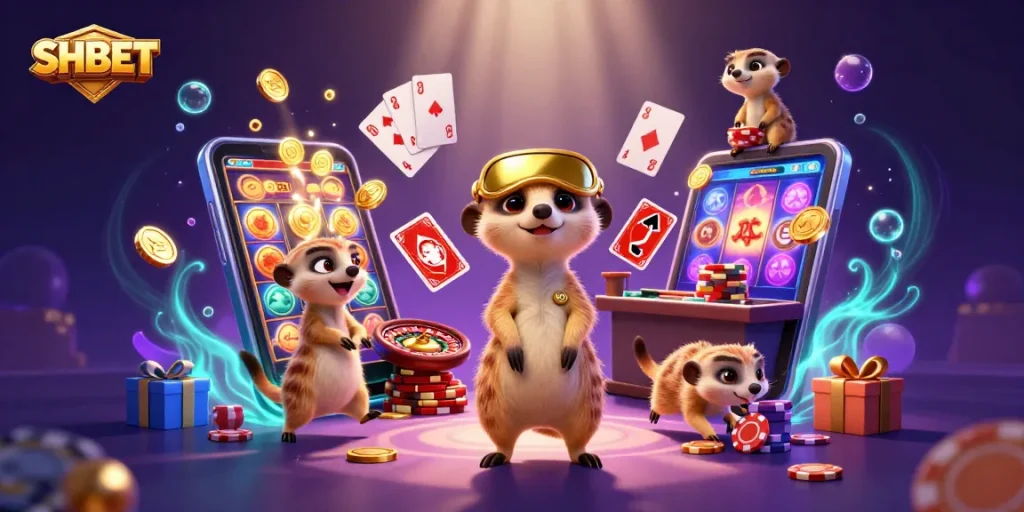 Experience SHBET excitement with meerkats managing a vibrant casino, showcasing dynamic games.