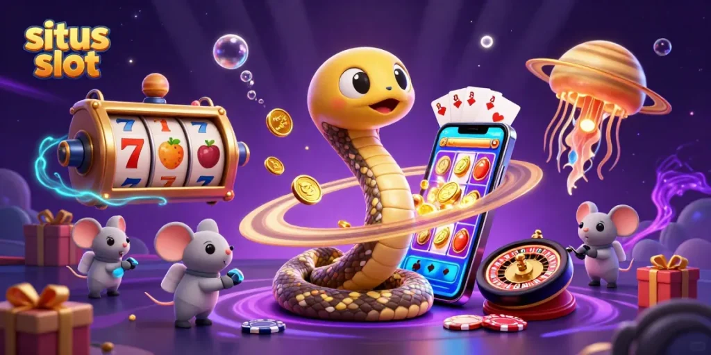Gambarlah di situs slot dengan ular saturnus dan uang emas mengelilingi planet, grafik sangat menarik