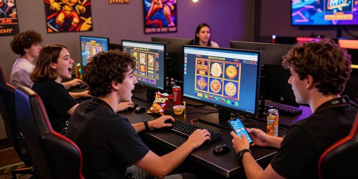 Suasana bermain game slot di DIANA4D, teman-teman bersorak gembira dengan monitor menunjukkan tawaran permainan dan bonus menarik.