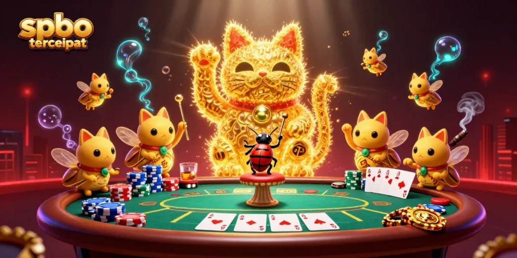 Bet on spbo tercepat as golden fireflies dance around a poker scene filled with exciting casino elements.