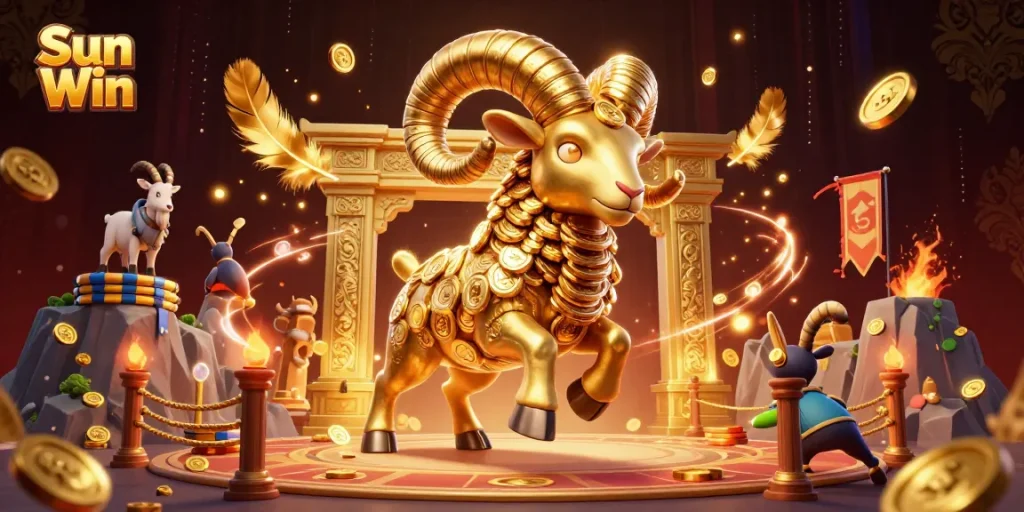 Engage in exhilarating gameplay in Sun Win's dynamic casino world featuring golden ram and exciting gaming elements.