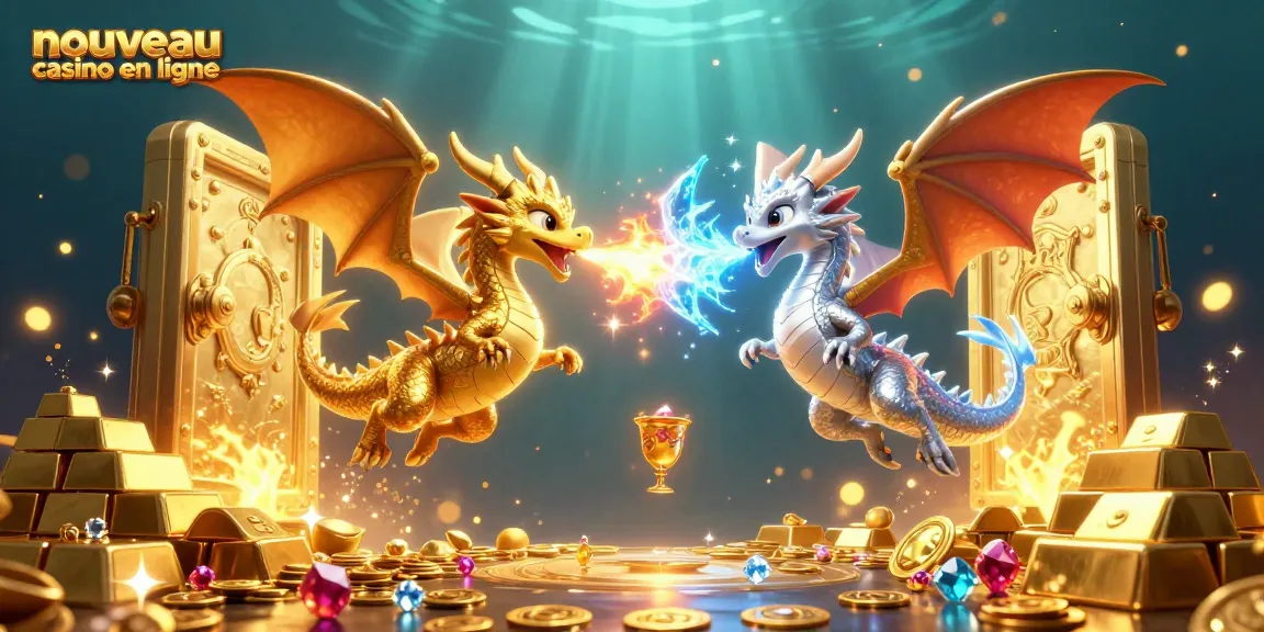 Découvrez le nouveau casino en ligne avec dragons 3D entourés de trésors et d'éléments de jeu.