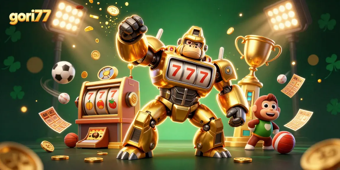 Spin and win with gori77's action-packed slot machine gorilla mech in a vibrant casino scene.