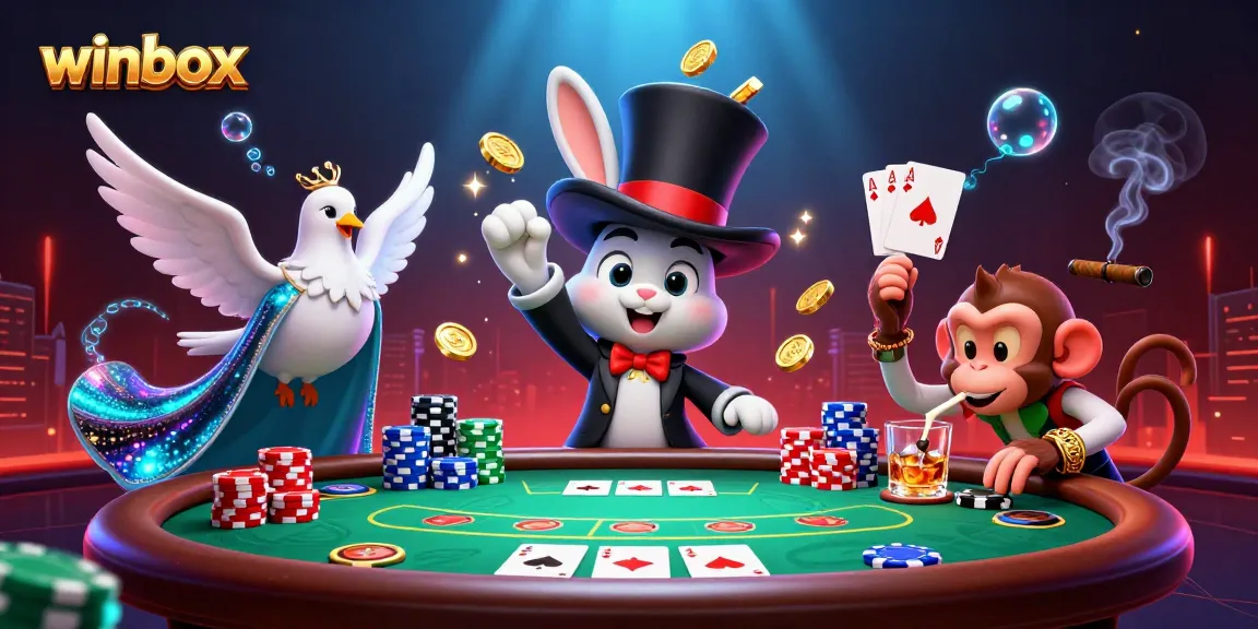 Winbox casino scene featuring a magician rabbit, glamorous dove, and monkey amidst poker action.