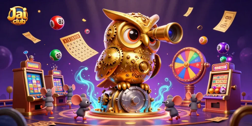 Experience Jai club's vibrant casino scene with a golden owl and lottery elements creating excitement.