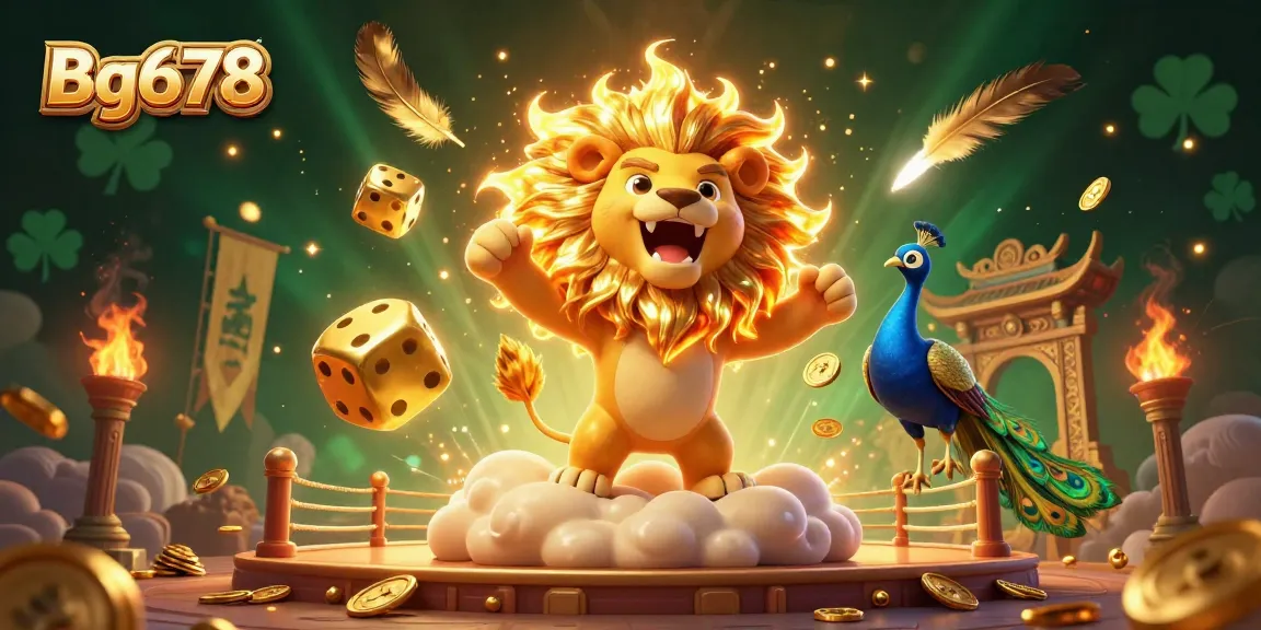 Play exciting games on Bg678 with a vibrant 3D scene featuring a lion and golden dice.