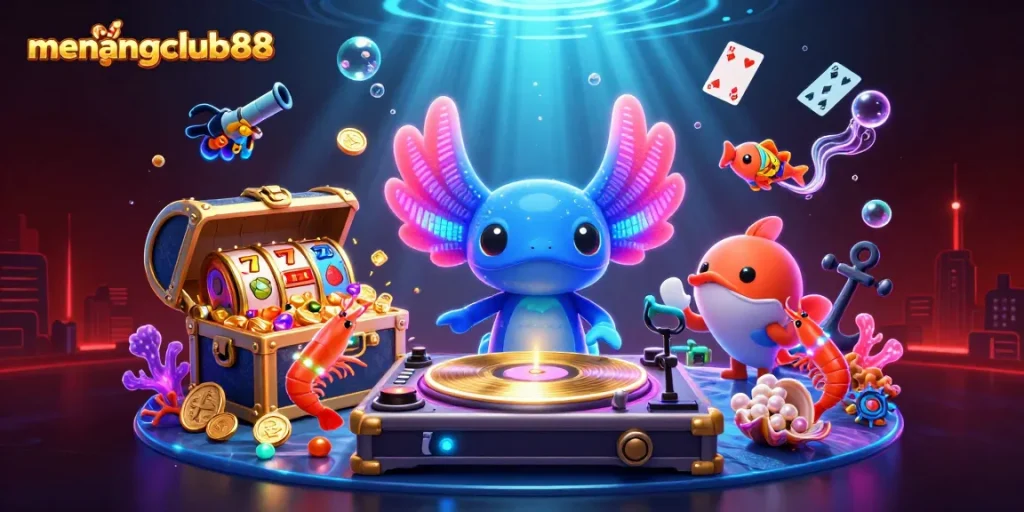Experience winning strategies with menangclub88 through vibrant 3D casino-themed underwater scene.