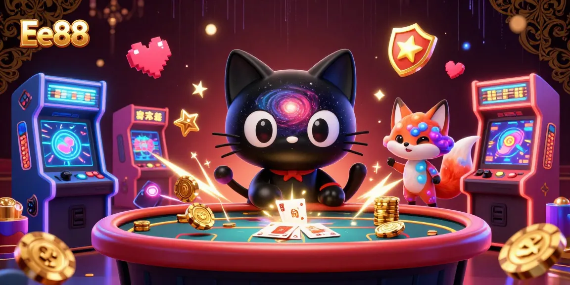 Engage with Ee88's thrilling cosmic casino realm, featuring vibrant gaming elements and characters.