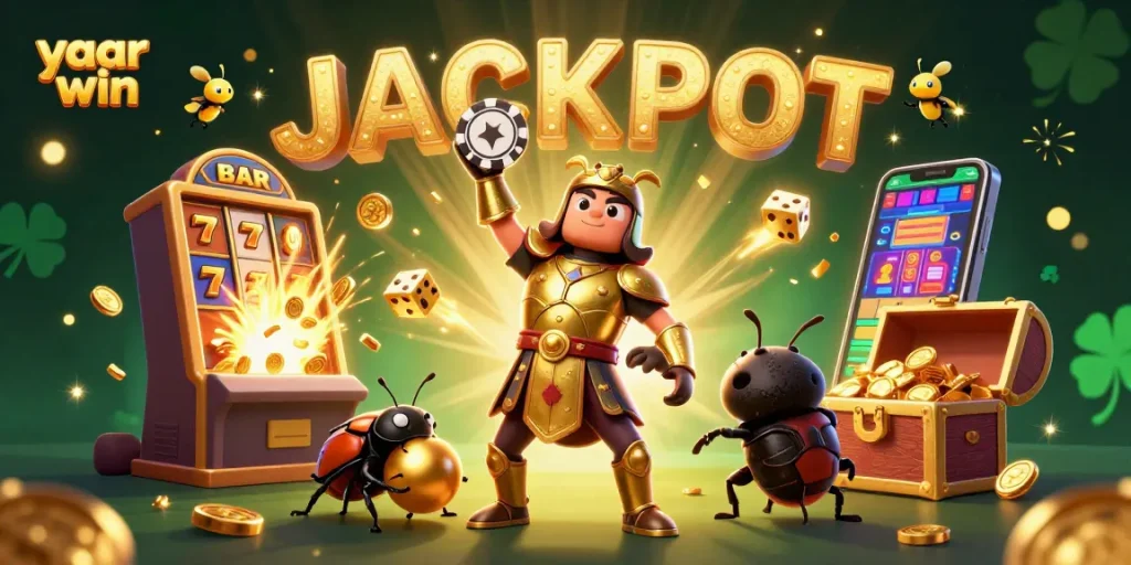 Engage with yaar win strategies in a vibrant jackpot celebration featuring slot symbols and lively characters.
