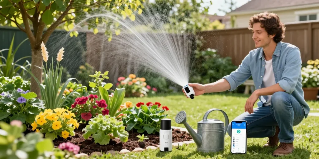 Homeowner using rainpoint smart sprinkler controller in lush garden, highlighting plant care.