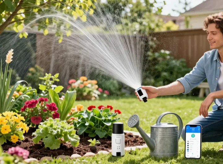 Homeowner using rainpoint smart sprinkler controller in lush garden, highlighting plant care.