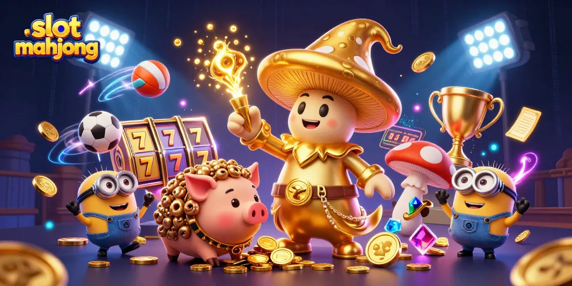 Engage in slot mahjong excitement with a golden mushroom wizard, treasure pig, dynamic game elements, and vibrant atmosphere.