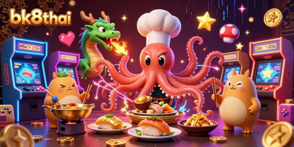 Engage with bk8thai's thrilling casino environment featuring a vibrant scene with a sushi chef octopus, dragon, and tanuki enjoying the fun of gaming.