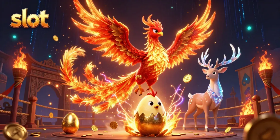 Slot menang besar dengan phoenix api yang megah dan simbol mesin slot berkilau di sekitarnya.