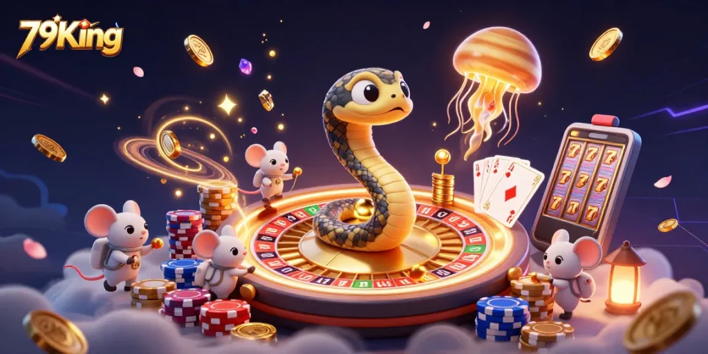 Experience 79King's vibrant casino atmosphere with animated characters betting on a dynamic roulette scene.