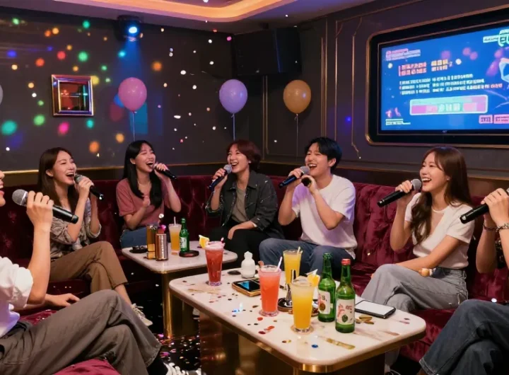 Exciting 강남가라오케 scene with friends singing, vibrant lighting, and modern karaoke setup