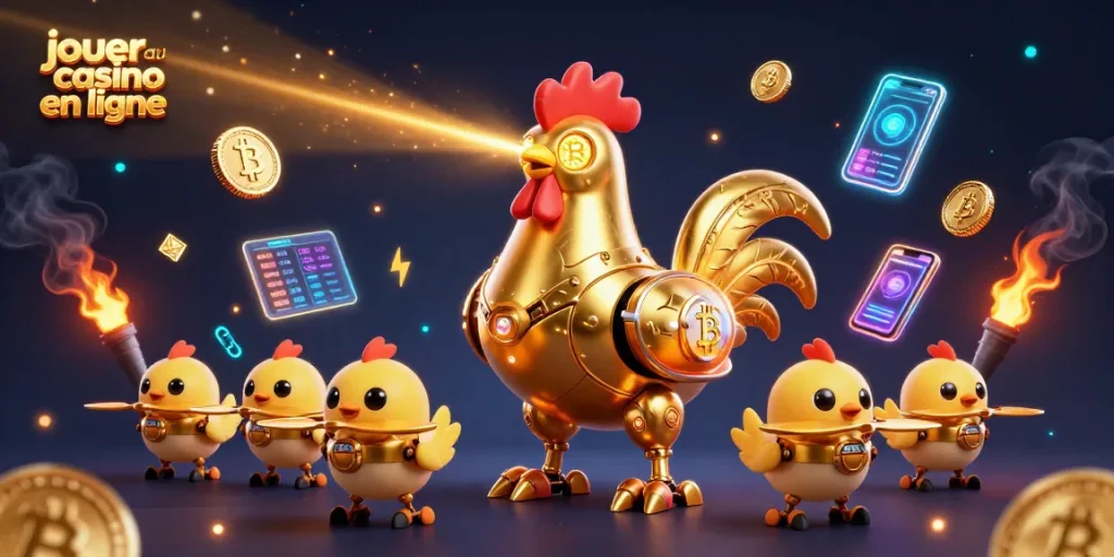 Jouer au casino en ligne avec le robot coq futuriste et des drones, illuminé par des pièces de crypto.