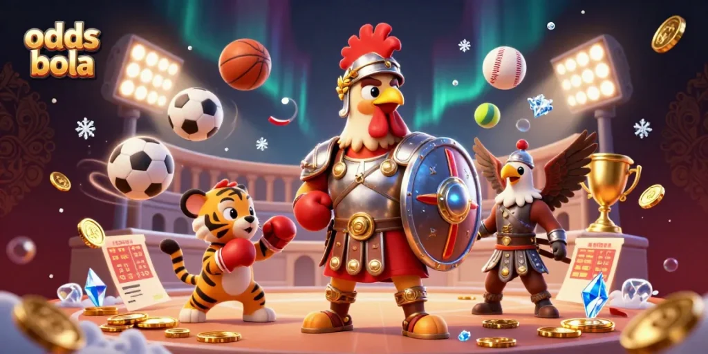 Engage with exciting sports betting at odds bola, showcased in a vibrant 3D illustration of dynamic characters.