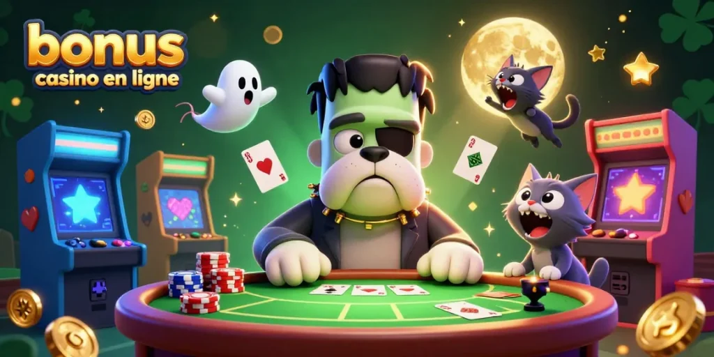Bonus casino en ligne : un bulldog monstre 3D distribuant des cartes à une table verte au design effrayant.