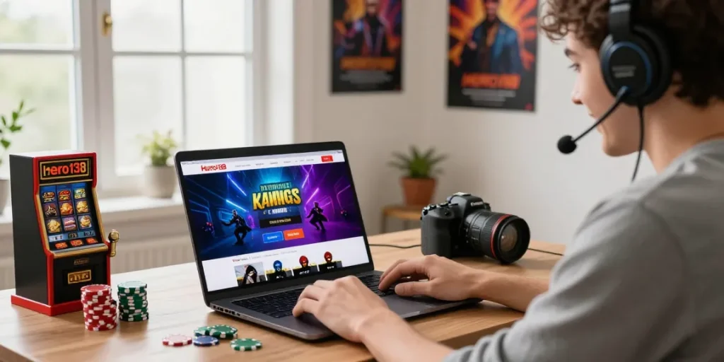 Engaging user logging into https://hero138loginku.com at a home office setup with vibrant gaming graphics.