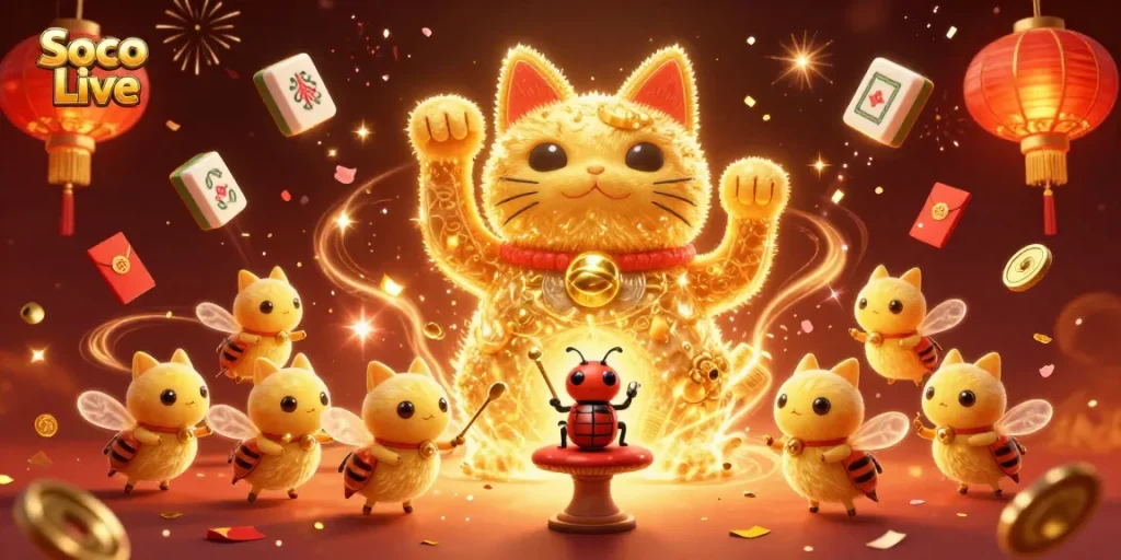 Soco Live enhances gaming excitement with vibrant illustrations of a lively lucky cat and casino symbols.