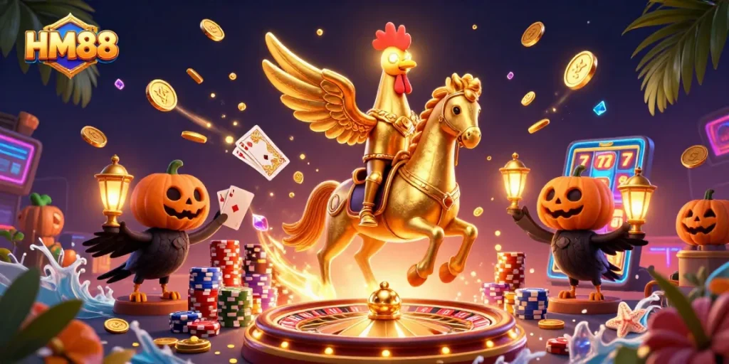 Experience thrilling gameplay at HM88 with a golden rooster and spectral horse amidst floating coins and gems.