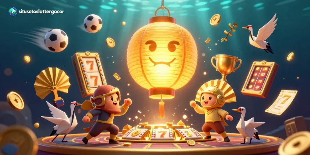 Situstotoslottergacor illuminates the casino with a giant golden lantern spirit, showcasing vibrant slot reels and dynamic action.