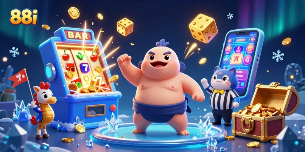 Engage with thrilling slot action at 88i, visualizing the excitement of casino games with vibrant characters.
