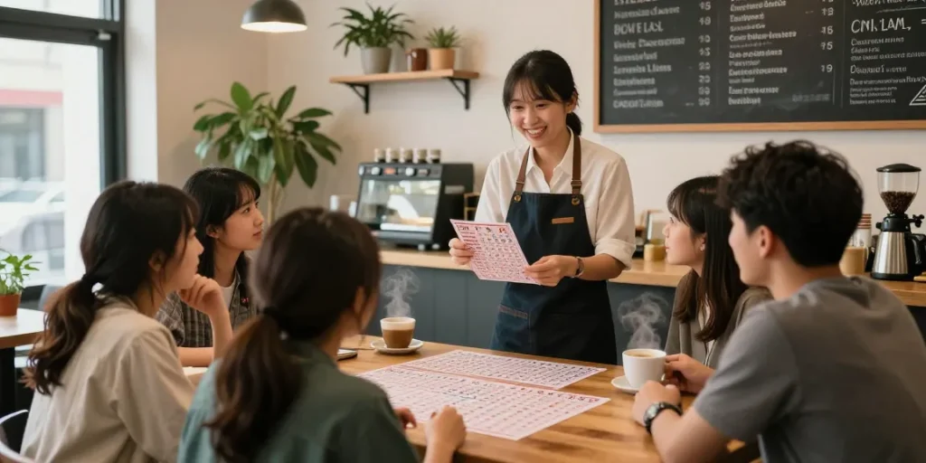 Diskusi nomor rejeki di kedai kopi dengan barista dan pelanggan, menampilkan suasana hangat dan grafis menarik.