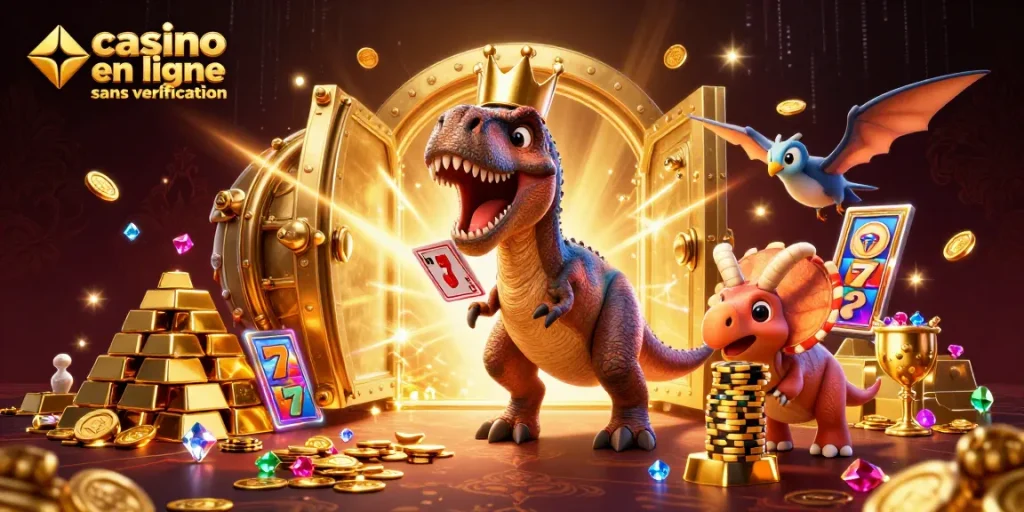 Jouez dans un casino en ligne sans vérification avec un T-Rex en couronne, assistant à la distribution de cartes