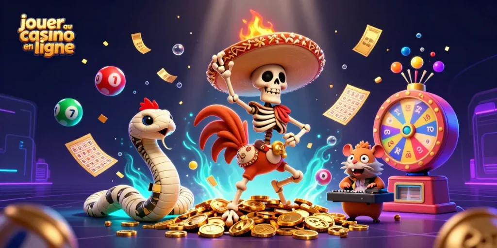 Jouer au casino en ligne avec des personnages animés dans un décor de fête.