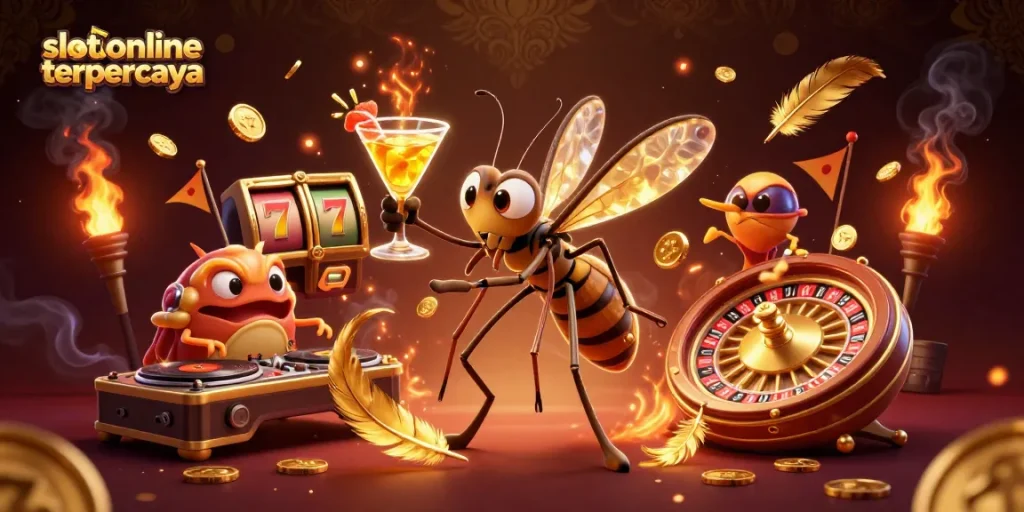 Menggambarkan slot online terpercaya dengan karakter kasino unik dan elemen permainan yang menarik.