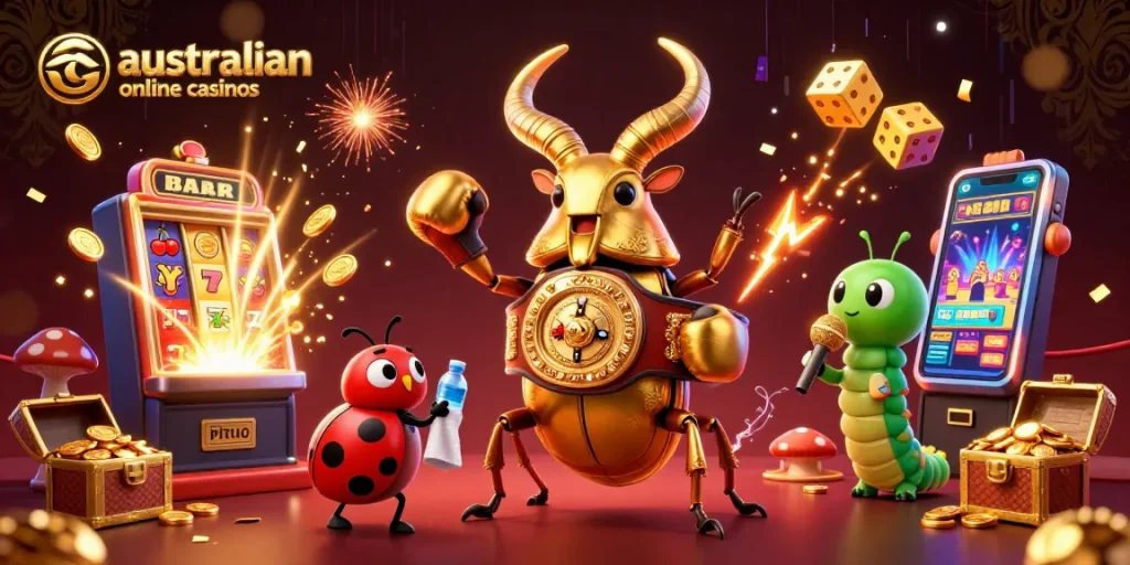 A dynamic scene illustrating australian online casinos with a giant golden stag beetle champion, high-energy slot elements, and epic gameplay.