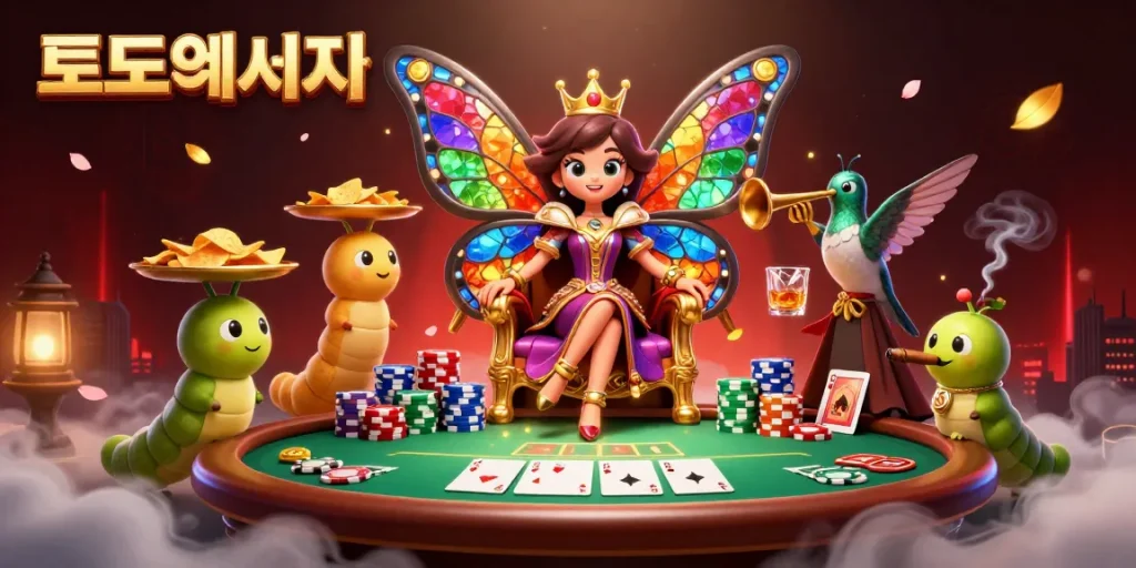 Explore trusted 토토사이트 with vibrant casino elements including poker chips, butterfly queen, and more.