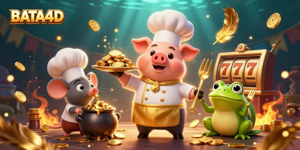 BATA4D showcases a vibrant scene with a chef pig serving gold coins, embodying exciting gaming energy.