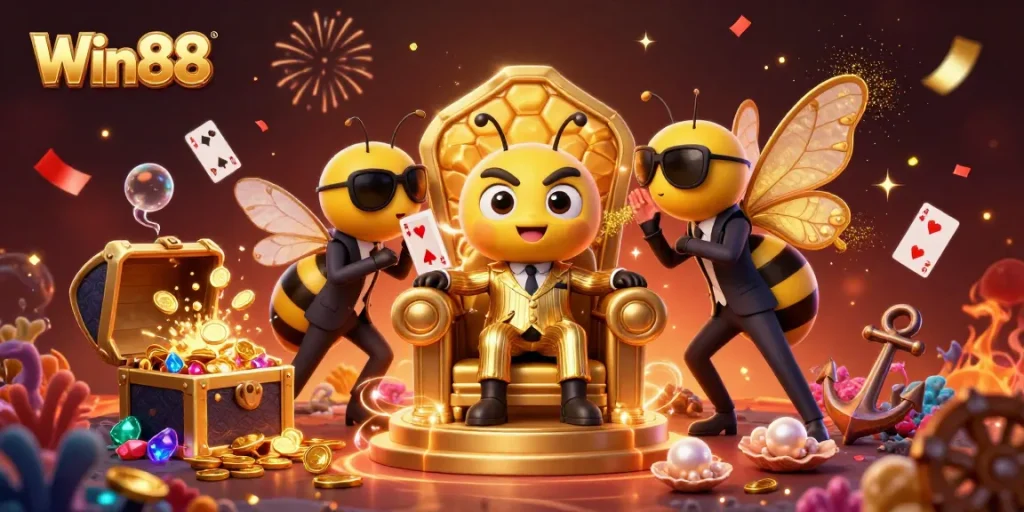 Win88 showcases dynamic casino action with a vibrant 3D bumblebee mob boss scene.