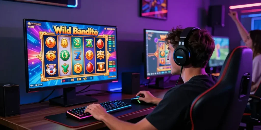 Wild Bandito gaming scene with player celebrating a win in a vibrant online slot environment.