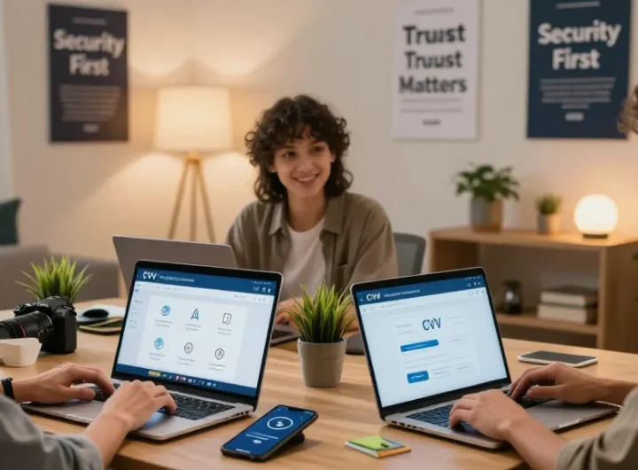 People engaging in secure transactions at the best dumps shop with modern devices in a digital marketplace.