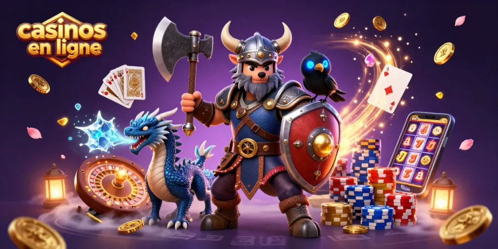 Rejoignez les casinos en ligne avec ce guerrier loup viking et son dragon dans une illustration animée captivante.