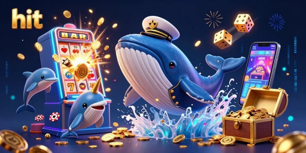 Join the hit gaming adventure with a lively whale, narwhal, and dolphins amidst a casino feast.