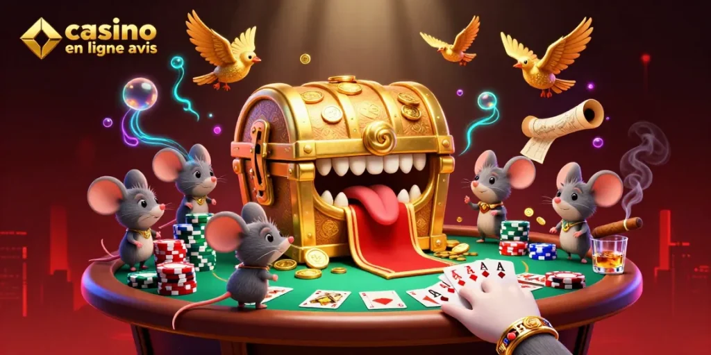 Illustration dynamique de casinos en ligne, avec un coffre au trésor attirant des souris aventurières, entouré de jetons de poker.