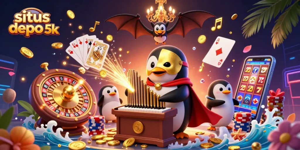 Experience the thrilling action at situs depo 5k with a dynamic casino illustration featuring animated characters and gaming elements.