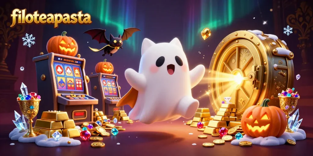 Experience the excitement of filoteapasta with a ghost cat and vampire bat in a haunted casino.