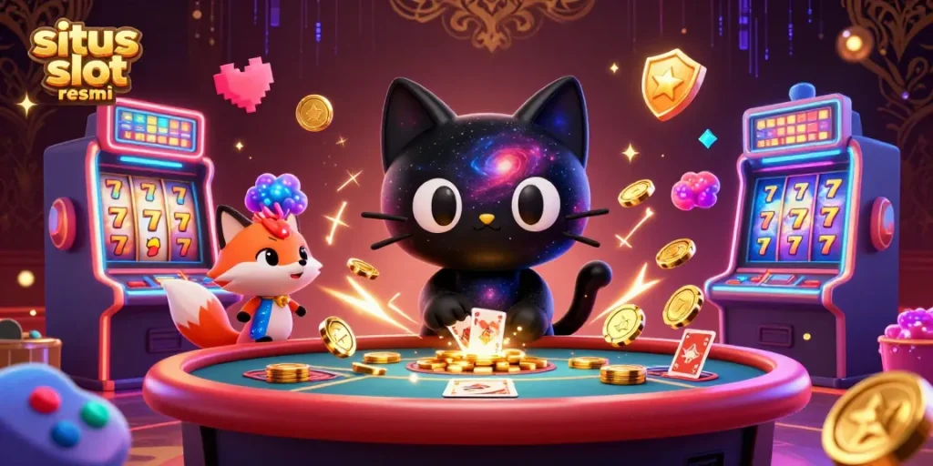 Engage with situs slot resmi featuring vibrant casino elements and charming cosmic characters.