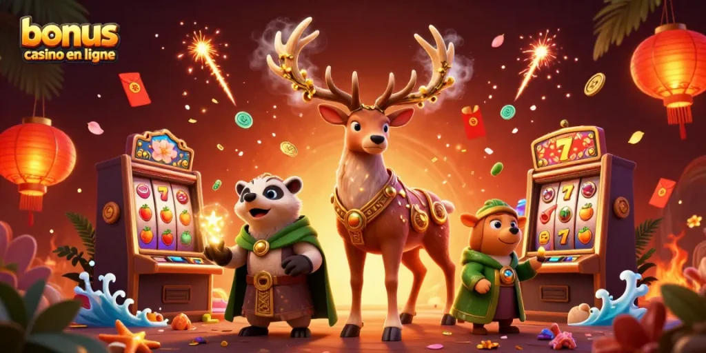 Explorez les bonus de casino en ligne avec un druid stag et des éléments de jeu flottants.