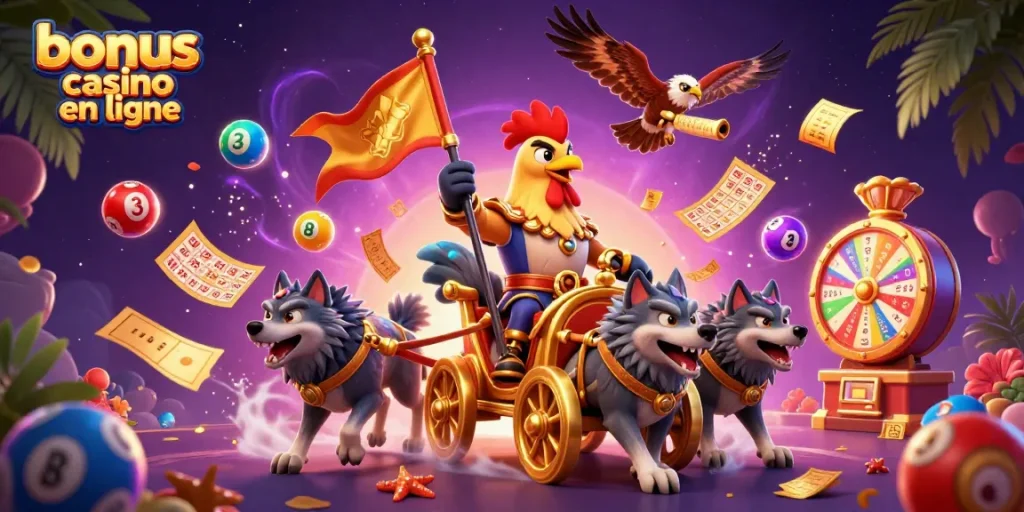Bonus casino en ligne : participez à l'excitation des jeux avec un arrière-plan animé et coloré.