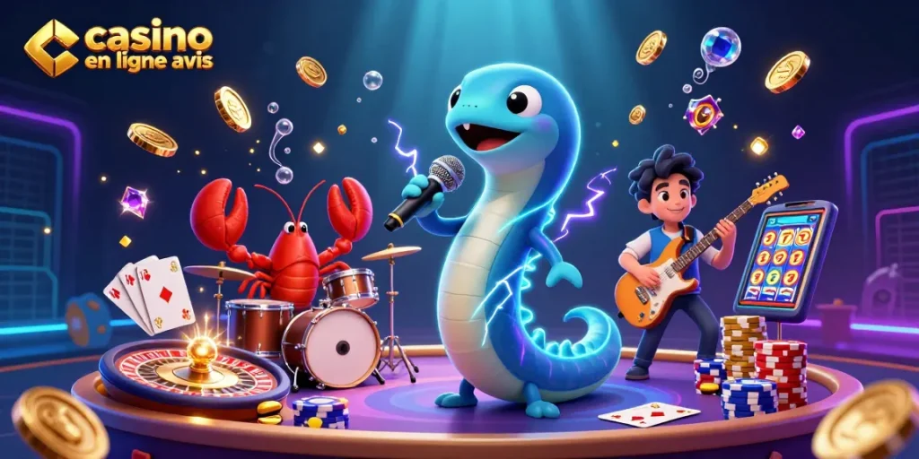 Avis sur les casinos en ligne lors d'une scène de concert sous-marine avec une anguille DJ, illustrant le jeu et la chance.