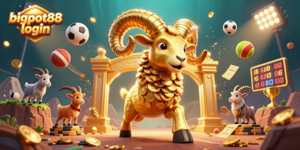 Experience the excitement of bigpot88 login with this dynamic illustration featuring a gold ram charging through a golden gate.